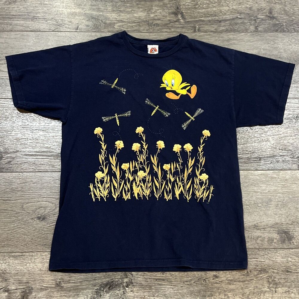 Vintage 90s 1997 Tweety Bird Flowers Dragonflies Blue T-Shirt - Men’s Large